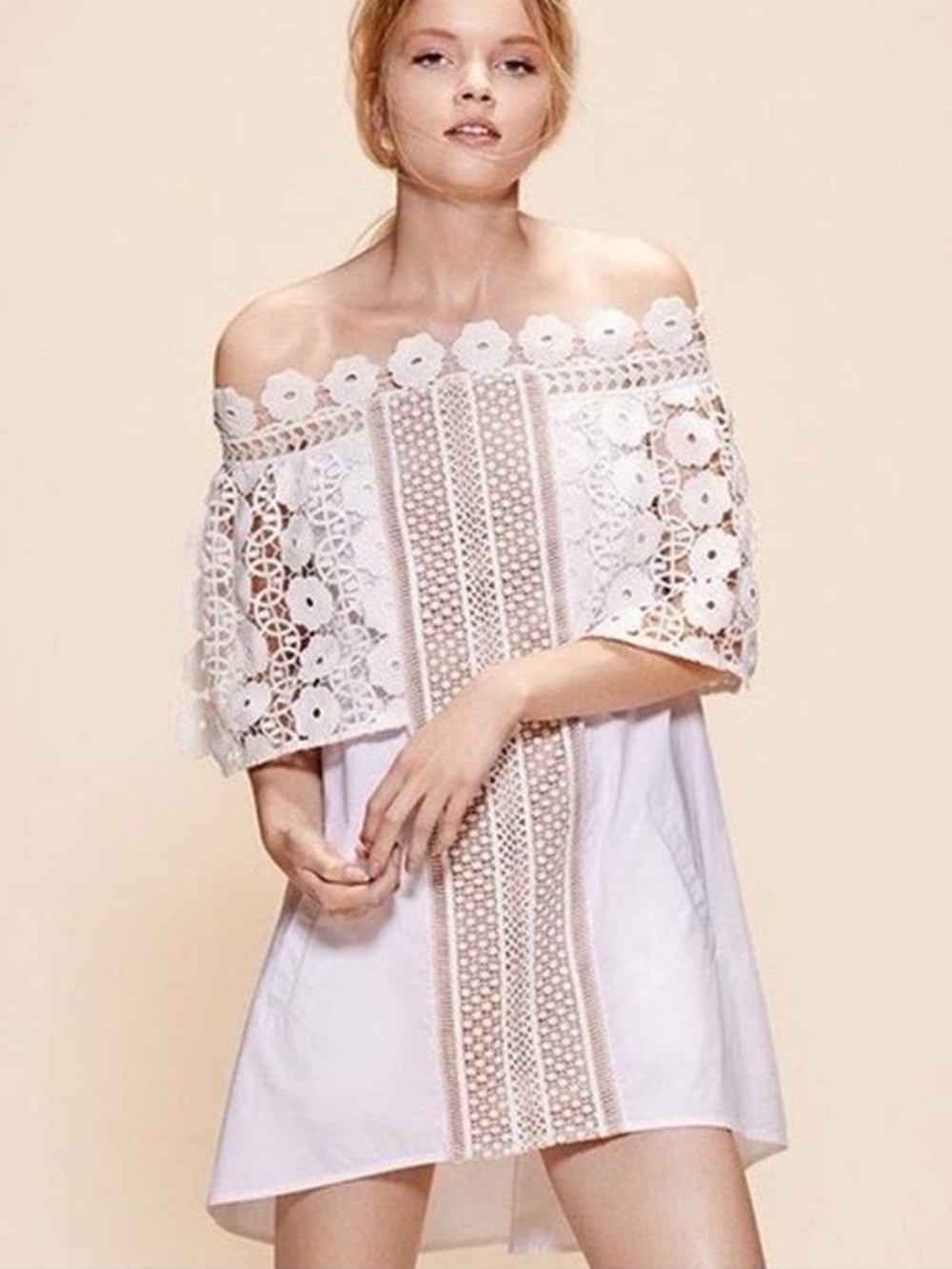 Self-Portrait White Serena Poplin Lace Off-the-Shoulder Mini Dress - US 2 (XS)